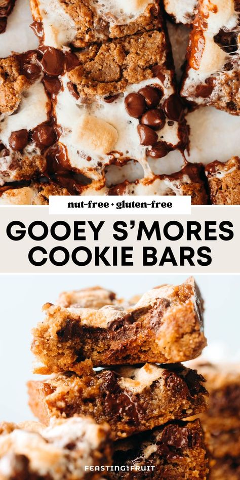 All the gooey goodness of summertime s’mores baked into a chewy buttery s’mores cookie bar. Vegan, nut-free, and made with a clever gluten-free graham cracker sub! Nut Free Baked Goods, Nut Free Dessert Recipes, Auger Free Desserts, Gluten Free No Bake Desserts, Applesauce Recipes Canning, Work Snacks, Nut Free Desserts, Vegan Gluten Free Cookies, Graham Cookies