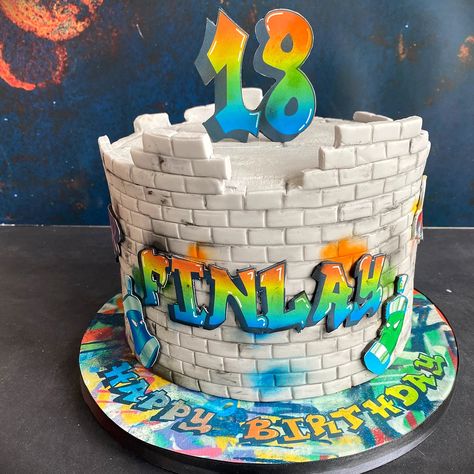 Fondant brick and pavement decoration and edible print writing Expectations Spiderman, Graffiti Cake Ideas, Graffiti Cake, Graffiti Theme, Digger Cake, Ironman Cake, Print Writing, Dessert Squares, Spiderman Birthday Cake