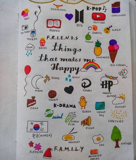 Journal Ideas Things That Make Me Happy, What Make Me Happy Journal, Cute Journal Doodle Ideas, Aesthetic Journal Decorations, Things To Be Happy About Journal, Journal Ideas What Makes Me Happy, Draw Notebook Ideas, Dairy Design Ideas Journal, Things That Makes Me Happy Journal