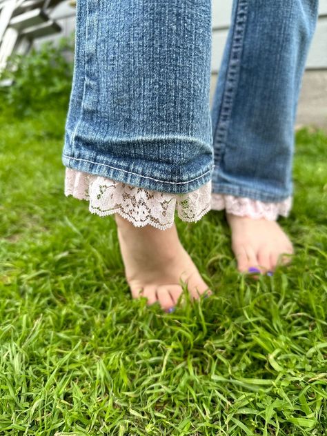 Lace Bottom Jeans, Jeans With Lace Bottoms, Diy Lace Up Jeans, Add Length To Jeans, Denim With Lace, Bows On Jeans, Clothing Alterations Diy, Lacy Jeans, Patchwork Jeans Diy