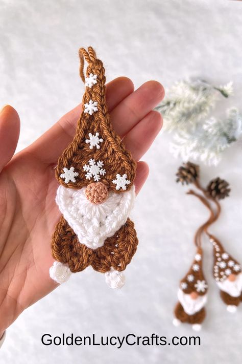 Crocheted gingerbread gnome in the palm of a hand. Gingerbread Gnome, Gingerbread Heart, Crochet Gingerbread, Colorful Christmas Decorations, Crochet Christmas Ornaments Free, Crochet Ornament Patterns, Heart Christmas Ornaments, Crochet Christmas Decorations, Crochet Ornaments