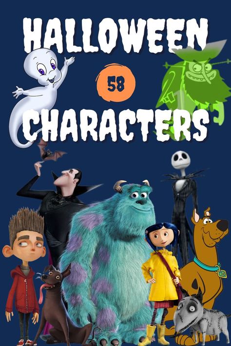 Popular Halloween characters featuring Scooby-Doo, Sulley, Coraline, Norman, Sparky, Casper, Dracula, Flying Dutchman, and Jack Skellington Halloween Cartoon Characters, Halloween Movie Characters, Best Cartoon Characters, Animated Movies Characters, Halloween Episodes, Halloween Film, Halloween Characters, Halloween Cartoon, Dreamworks Movies