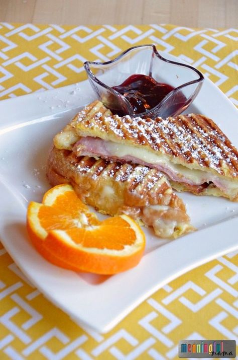 Monte Cristo Panini Recipe - Great Breakfast Recipe - Kid Friendly Sandwich Maker Ideas, Panini Press Recipes, Breakfast Panini, Panini Recipe, Breakfast Recipes Kids, Monte Cristo Sandwich, Breakfast Sandwich Maker, Breakfast Crockpot Recipes, Panini Recipes