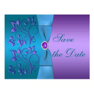 Purple and Turquoise Floral Save the Date Postcard Lavender And Turquoise Wedding, Turquoise And Purple Wedding, Purple Turquoise Wedding, Lavender And Turquoise, Rose Gold Wedding Decor, Purple Wedding Theme, Wedding Postcard, Floral Save The Dates, Date Invitation