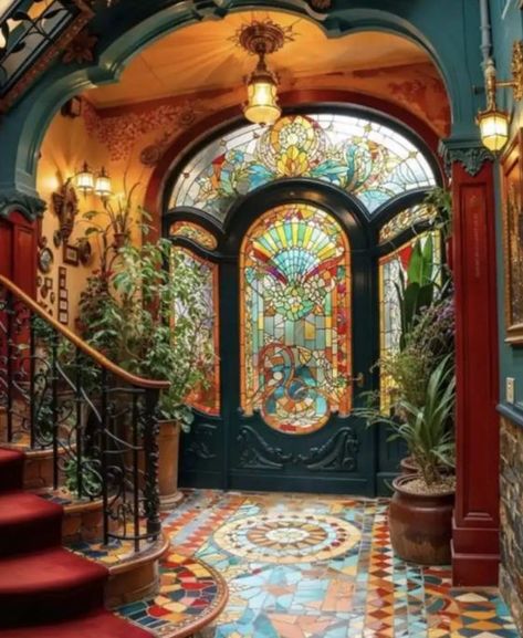 Artistic House Exterior, Victorian Decor Interior Design, Paris House Interior, Stained Glass Cottage, Art Nouveau Houses, Maximalist Architecture, Queer Apartment, Victorian House Ideas, Victorian Homes Aesthetic