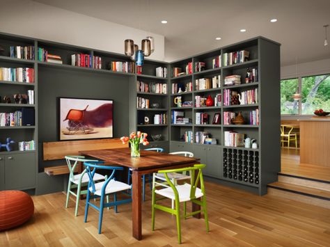 cabinetry IMG 0418 Room With Bookshelves, Reading Room Design, Grey Bookshelves, Dining Room Library, Home Library Design, Dining Room Colors, Dining Room Combo, Cozy Chair, Contemporary Dining Room