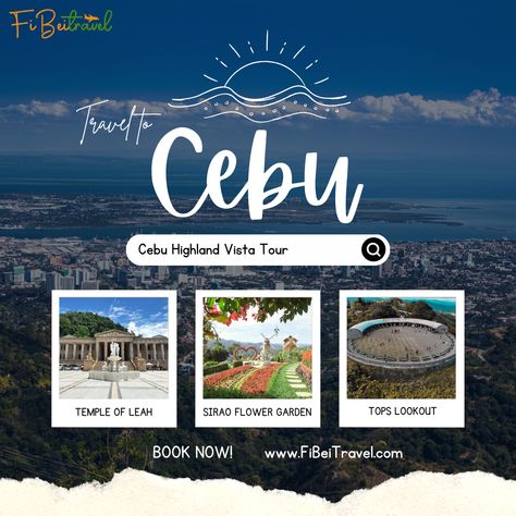 FiBeiTravel.com - Cebu Highland Vista Tour Take a trip and snap some photos on these instagram-worthy spots of Cebu. BOOK NOW! Visit us for more details: FiBeiTravel.com Note: We are still under the security guidelines of the properties. We follow the rules of the properties. Philippines Cebu, Travel Brochure, Instagram Worthy, Cebu, The Rules, Philippines, Flower Garden, Books, Travel