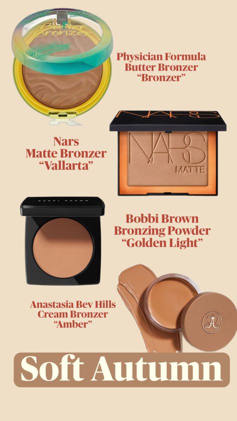 Find the ideal bronzer and contour products to enhance Soft Autumn’s warm, earthy tones! Featuring bronzers like Physicians Formula Butter Bronzer and NARS Matte Bronzer in Vallarta, this collection will give your complexion a gentle, glowing warmth. Get inspired to add soft definition and subtle bronzing that matches your beautiful muted palette. Pin now for the ultimate guide to bronzer picks for Soft Autumn! Bronzer And Contour, Contour Products, Soft Autumn Makeup, Physicians Formula Butter Bronzer, Soft Autumn Palette, Colour Season, Soft Autumn Color Palette, Autumn Makeup, Best Bronzer