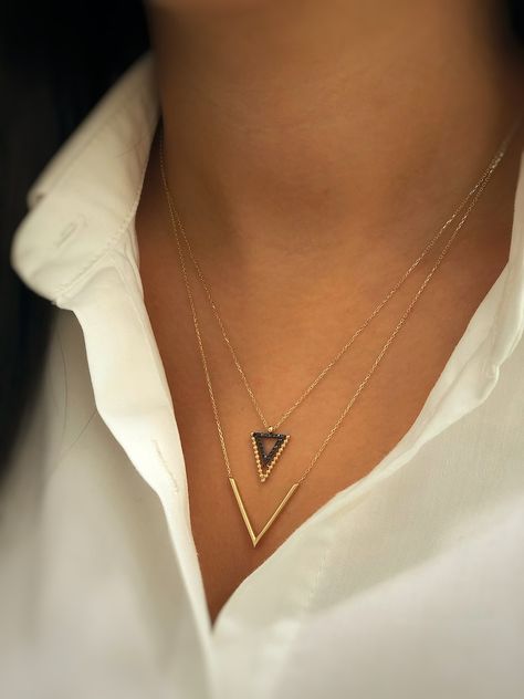 Details: Handmade item Materials: Gold Style: Minimalist #SolidGoldNecklace #GoldNecklace #VNecklace #AnniversaryGift V Necklace, Baguette Necklace, Cube Necklace, Solid Gold Necklace, Triangle Necklace, Valentines Day Gifts, Valentines Day Gifts For Her, Gold Geometric, Black Stone