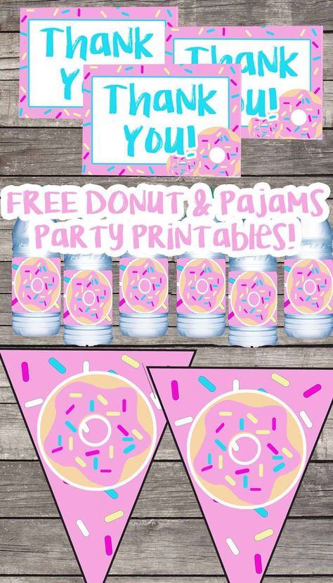 FREE Donuts & Pajamas Birthday Party Printables | Invitations | Banner | Donut Labels | Tags | Thank You Notes | Water Bottle Labels Breakfast Birthday Party, Pajamas Birthday Party, Donut Birthday Party Decorations, Donut Decor, Party Breakfast, Donut Party Decorations, Donut Coloring Page, Pajama Birthday Parties, Birthday Breakfast Party