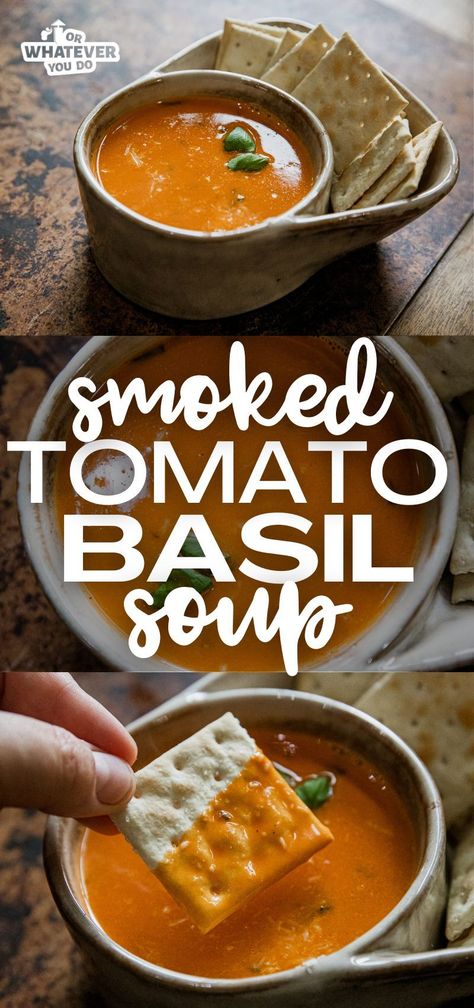 Smoked Tomato Basil Soup Smoked Tomato Soup, Smoked Tomatoes, Big Families, Basil Soup, Traeger Recipes, Chicken Orzo Soup, Lemon Chicken Orzo Soup, Tomato Basil Soup, Grilled Tomatoes