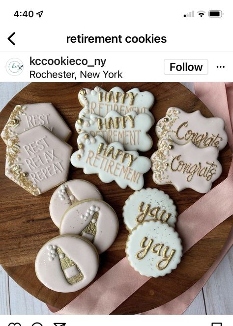 Cookies For Retirement Party, Grand Opening Cookies Decorated, Retirement Party Cookie Ideas, Retirement Royal Icing Cookies, Retirement Cookies Decorated For Woman, Retirement Party Cookies, Retirement Cookies Decorated, Retirement Sugar Cookies, Work Retirement Party Ideas