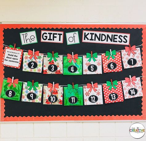 Teach the gift of kindness with your students by doing a special countdown to Christmas with this meaningful kindness bulletin where they… School Counselor Christmas Bulletin Board, Kindness Christmas Bulletin Board, Holiday Boards Bulletin, Christmas Bulletin Board Ideas Middle School, Christmas Classroom Countdown, Bulleting Board Christmas Ideas, Christmas Kindness Bulletin Board, Interactive Christmas Bulletin Boards, Christmas Countdown Bulletin Board