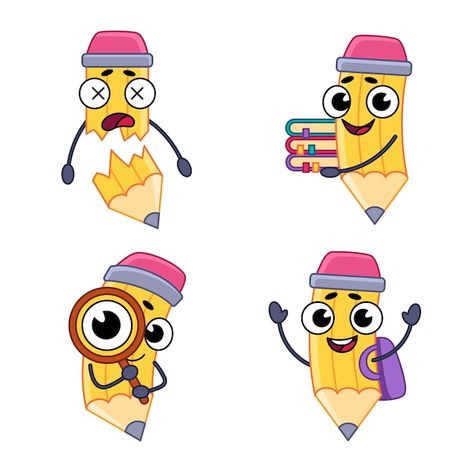 Free vector set of handdrawn cartoon pen... | Free Vector #Freepik #freevector #pencil-cartoon #cartoon-stickers #book-cartoon #cartoon-set Pencil Sticker, Draw Dividers, Pencil Clipart, Pencil Cartoon, Broken Pencil, Education Cartoon, Book Cartoon, 3d Room, Education Icon