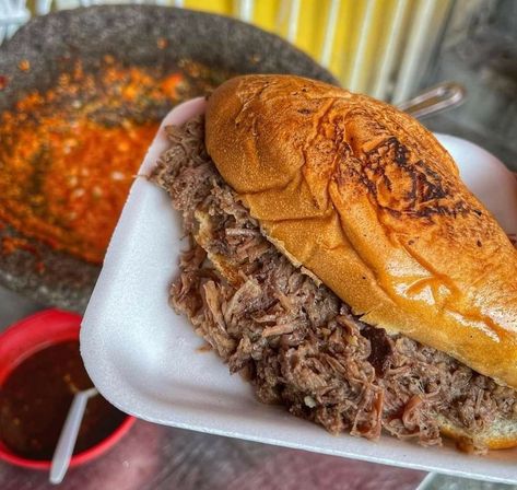 Beef Barbacoa Torta "Oh my this... - Mexican Food Recipes | Facebook Panela Cheese, Beef Barbacoa, Torta Recipe, Fried Beans, Mexican Bread, Barbacoa Beef, Beef Cheeks, Grilled Onions, Shredded Beef