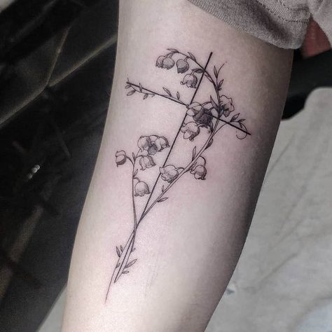 cross-dainty-lily-of-the-valley-tattoo-amandaboik Victorian Floral Tattoo, Pretty Cross Tattoo, Lily Of The Valley Tattoo, Water Lily Tattoos, Valley Tattoo, Secret Tattoo, Western Tattoos, Lily Tattoo, Most Popular Tattoos