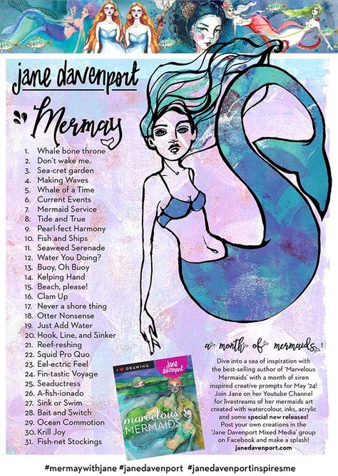 Mermay prompts 2024! | Jane Davenport Mermay Prompt 2024, Mermay Prompt, Mermay 2024, Mixed Media Workshop, Fairytale Creatures, Jane Davenport, Creative Prompts, White Paint Pen, Pastel Crayons