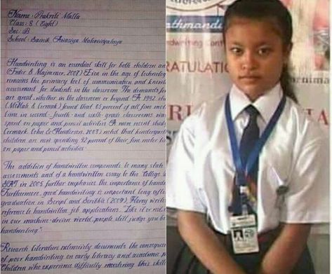 The handwriting of Prakriti malla, the class VIII student from Nepal, has been recognised as the best ever handwriting in world. 😉 Best Handwriting In The World, Prakriti Malla Handwriting, Best Handwriting, Crazy Facts, Nice Handwriting, Funny School, School Memes, Calligraphy Letters, School Humor