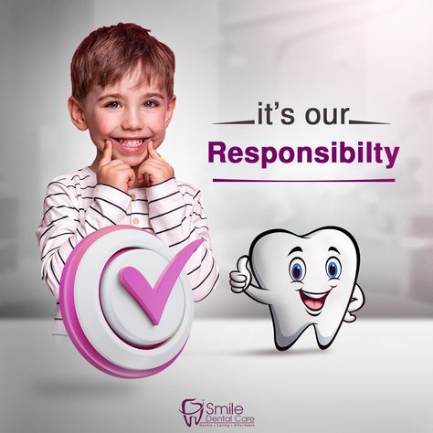 This is a social media post designed for a dental clinic titled "It's Our Responsibility." It features a cheerful child with a beautiful smile showcasing clean, white teeth. See the rest of the campaign on my Behance portfolio. Teeth Social Media Design, Dental Clinic Creative Ads, Dental Clinic Ads, Dentist Ads, Dental Social Media Design, Clean White Teeth, Dental Campaign, Dental Post, Dentist Social Media