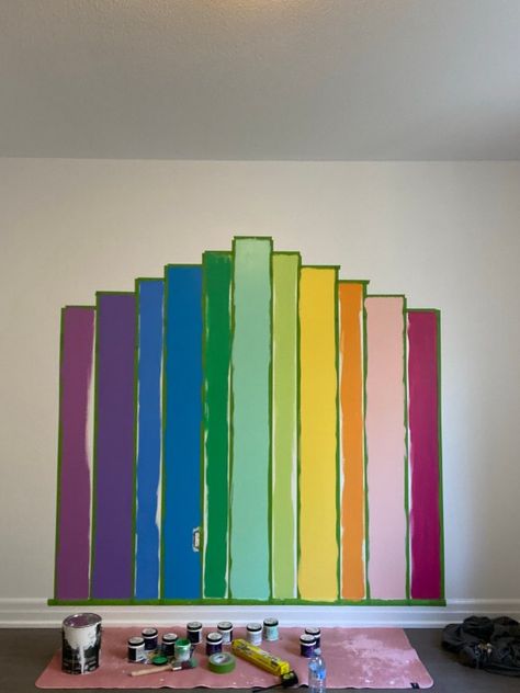 Jewel Tone Mural, Painting A Rainbow On A Wall, Rainbow Wall Mural Diy, Rainbow Paint Wall, Boy Rainbow Room, Rainbow Wall Painting, Ombre Rainbow Wall, Stripe Mural, Rainbow Stripe Wall