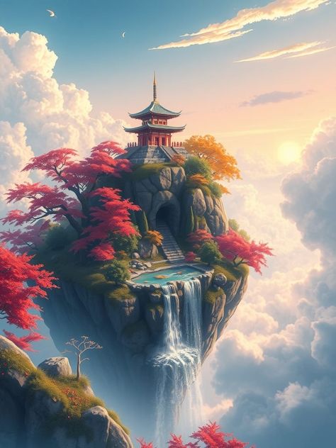 The sky temple – Xandr Focart Anime Nature Wallpaper, Dnd Landscape, Floating Temple, Sky Temple, Island In The Sky, Anime Nature, Above Clouds, Water Temple, Floating In Space