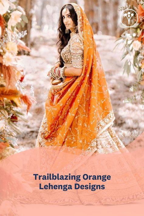 Brides no longer like to put themselves in a box when it comes to sartorial choices. Choose a fiery orange lehenga for your bridal look and set yourself apart! Pastel Orange Lehenga, Orange Bridal Lehenga, Multicolour Lehenga, Lehenga Images, Cocktail Images, Peach Lehenga, Orange Lehenga, Bridal Lehenga Red, Open Hairstyles