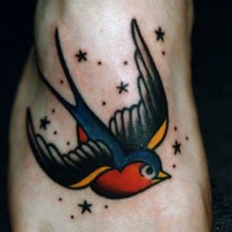 Traditional sparrow tattoo                                                                                                                                                                                 More Star Tattoo American Traditional, Sailor Swallow Tattoo, Traditional Sparrow Tattoo, Traditional Sparrow, Tattoo Sparrow, Mucha Tattoo, Swallows Tattoo, Traditional Swallow, Swallow Tattoos