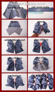 No Sew Hair Bows, Sew Hair Bows, Denim Hair, Denim Bows, Diy Baby Headbands, Gift Crafts, Hair Bow Tutorial, Denim Flowers