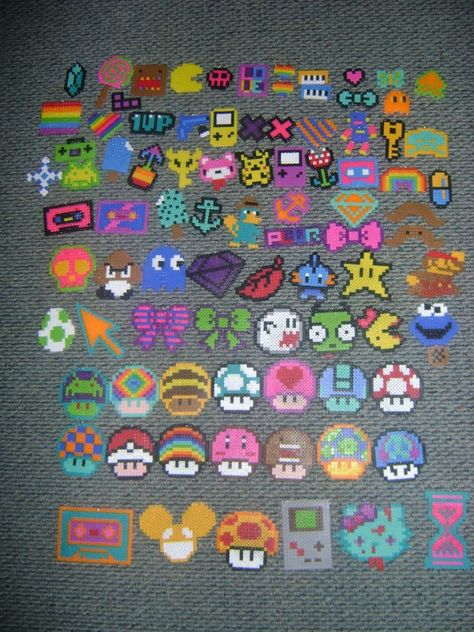 Perler bead collection by Dj_electro - Kandi Photos on Kandi Patterns 90s Perler Beads, Cute Perler Designs, Perler Beads Rave, Fuse Beads Ideas, Dj Electro, Hamma Beads Ideas, Easy Perler Bead Patterns, Pixel Beads, Bead Collection