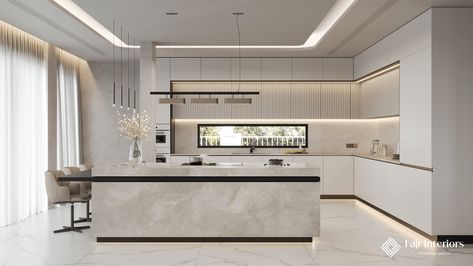 Luxury Modern Kitchen Designs- Dubai on Behance Double Height Kitchen Design, Dubai Kitchen Designs, Luxury Kitchen Design White, Dubai Residence, Dubai Kitchen, Kitchen Cabinet Colours, Kitchen Interior Luxury, Dubai Penthouse, Kitchen Cabinets Design Layout