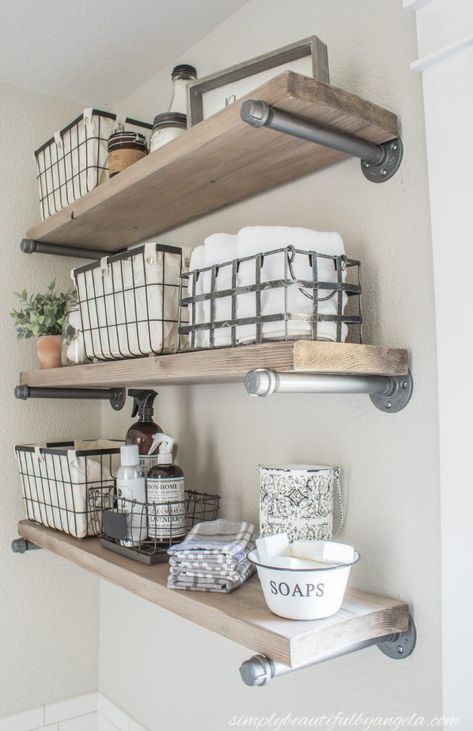 Wood And Pipe Shelves, Diy Shelves Ideas, Industrial Farmhouse Bathroom, Shelves Industrial, Industrial Floating Shelves, Pipe Shelf, Industrial Pipe Shelves, Farmhouse Industrial, Laundry Room Shelves