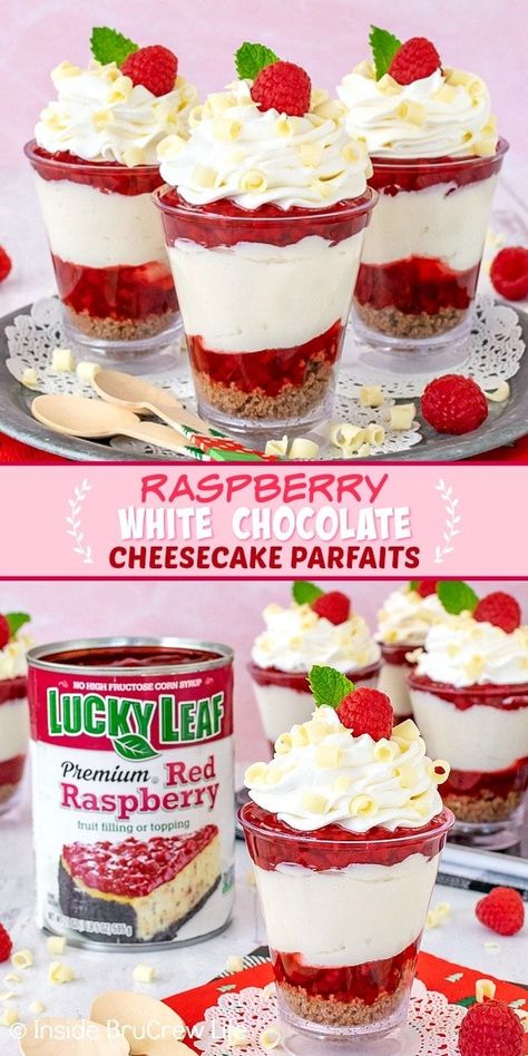 Raspberry Parfait Desserts, Raspberry White Chocolate Cheesecake, Cheesecake Raspberry, Cheesecake Cups Recipe, Raspberry Pie Filling, Shower Foods, Dessert Cups Recipes, Cookies And Cream Cheesecake, Dreamy Desserts