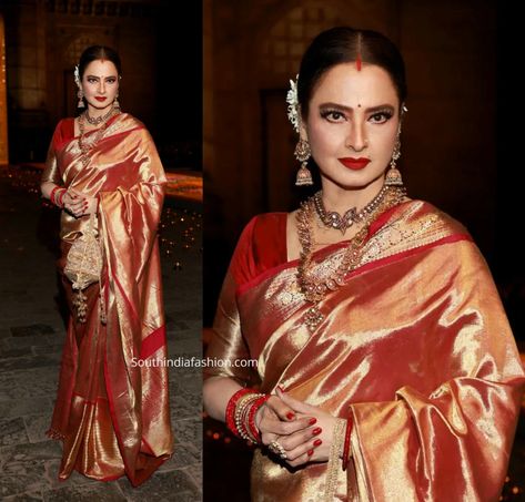 Red Kanjeevaram Saree Bride, Red Tissue Saree, Rekha Saree Collection, Rekha In Kanjeevaram Sarees, Gajra Bun, Rekha Saree, Rekha Ji, Wedding Matching Outfits, Gold Saree