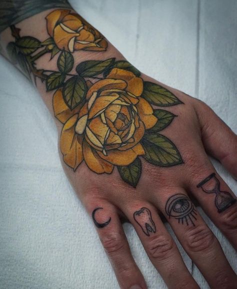 Yellow Rose Tattoo, Yellow Rose Tattoos, Rose Hand Tattoo, Skeleton Hand Tattoo, Leg Sleeves, Hand Tattoo, Rose Tattoos, Rose Tattoo, Yellow Roses