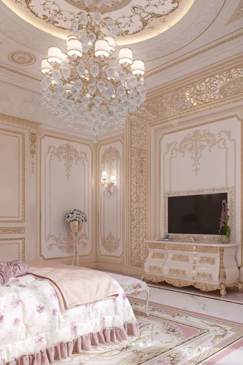 Overall, a pink and gold princess room is a haven of elegance, beauty, and imagination. It's a space where any little princess can feel like the true ruler of her magical kingdom. Barbie Princess Charm School, Fancy Bedroom, Princess Charm School, Classic Barbie, Luxury Room Bedroom, Dream Life House, Luxurious Room, Luxury House Interior Design, Princess Room