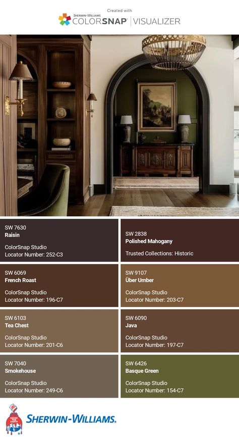 I just created this color palette with the Sherwin-Williams ColorSnap® Visualizer app on my Android phone. What do you think? You can learn more about ColorSnap Visualizer and get it on your phone free by visiting https://www.sherwin-williams.com/content/colorsnap.html. Ralph Lauren Home Paint Color Schemes, Sherwin Williams Moody Palette, Vintage Leather Sherwin Williams, Colorsnap Visualizer Sherwin Williams, French Roast Sherwin Williams, Old World Paint Colors, Dark Auburn Sherwin Williams, Sherwin Williams Polished Mahogany, Bronze Green Sherwin Williams