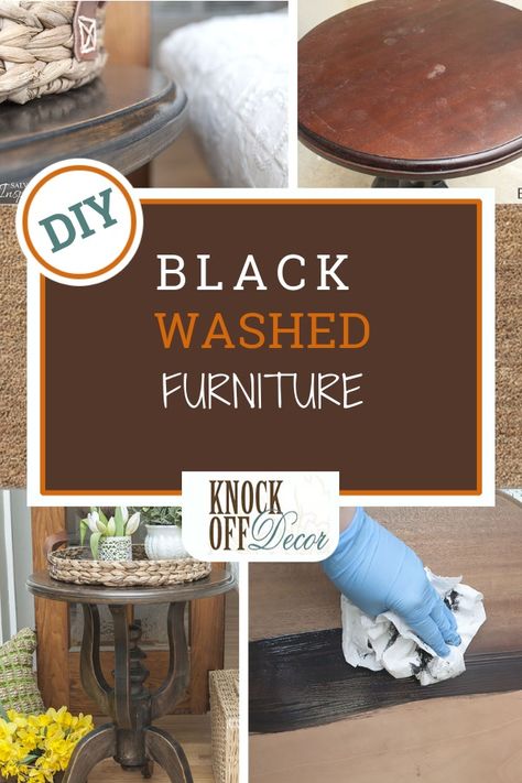 Black Wash  your furniture instead of using stains instead. Then you can get a custom look that fits your preference. Black washing is so easy too. Check out how to do this yourself at KnockOffDecor.com #diyideas #diyfurniture #diydecor #decorideas #diyprojects How To Stain Wood Black, Diy Distressed Black Furniture, Distressing Black Furniture Diy, How To Blackwash Wood Furniture, Blackwashing Furniture, Black Wash Furniture Diy, Washed Furniture, Table Refinishing, Paint Styles