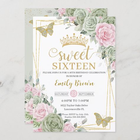 Butterfly Sweet 16, Green Quinceanera Theme, Pink And Gold Invitations, Sweet 16 Party Invitations, Pink Sweet 16, Sweet Sixteen Birthday Party Ideas, Purple Invitations, Quince Invitations, Quinceanera Dresses Pink