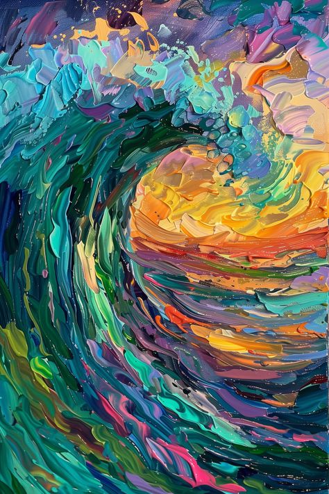 Oil Texture Painting, Vibrant Abstract Painting, Art Inspiration Painting Abstract, Complimentary Colors Art, Purple Blue Paint, Ocean Wall Painting, Wave Canvas Painting, Vivid Paintings, Blue And Yellow Wall Art