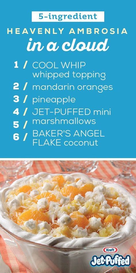 Heavenly Ambrosia in a Cloud – COOL WHIP, coconut, pineapple, mini marshmallows, and mandarin oranges are all found in this citrus-infused dessert recipe. Jello Salads, Chocolate Turtles, Mandarin Oranges, Ambrosia Salad, Fruit Salads, Fruit Dishes, Fruit Salad Recipes, Dessert Salads, Dump Cake