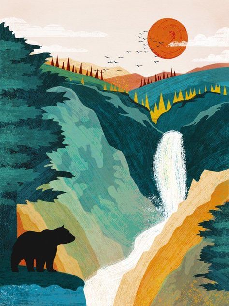 Yellowstone Poster | Wyoming Wall Art | National Park Poster | Lower Falls, Artist's Point | Travel Poster. #beautiful #art #draw #digitalart #gallery #illustration #paint #drawing #abstract #color #popart #watercolor #artworks #galleryart #graphicart Humble Bedroom, Yellowstone Poster, National Park Art, Wyoming Travel, Indian Paintbrush, Skin Mask, Pattern Inspiration, Geometric Motifs, National Park Posters