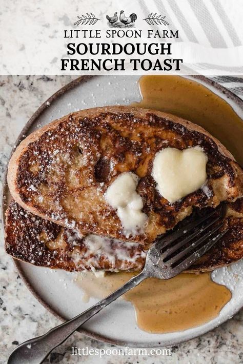 The best sourdough french toast recipe! It's easy to put together using day-old bread or stale bread. Your family will enjoy it topped with melted butter and maple syrup! Sourdough French Toast Recipe, Sourdough French Toast, Brunch Foods, Farm Recipes, Sourdough Pizza Crust, Homemade Sourdough Bread, Homemade Sourdough, Cinnamon French Toast, Sourdough Starter Recipe