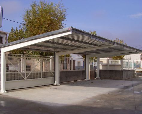 EUROPA PREFABRI - Construction and installation of car park shelters Flat Roof Garage Ideas Exterior Design, Parking Roof Design, Luxury Garage Design, Car Park Design, Cantilever Carport, Parking Plan, Garage Design Ideas, Car Porch Design, Carport Modern