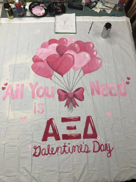 Valentine’s Day Sorority Banner, Galentines Party Sorority, Galentines Party Banner, Valentines Bid Day, Sorority Valentines Day, Sorority Recruitment Tips, Edm Ideas, Sorority Recruitment Themes, Rush Themes