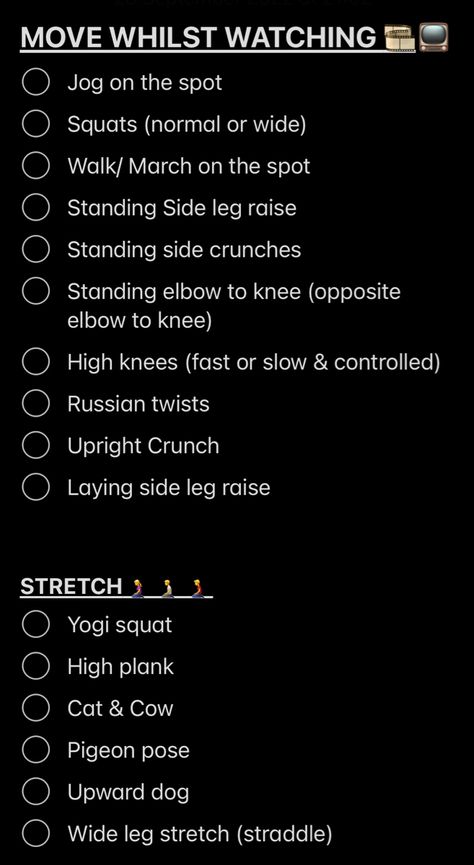 Simple movements to do whilst you watch tv, netflix, movies or even youtube and tiktok videos. #fitness #glowup #movement #movienight #selfcare Cool Down Stretches, Upward Dog, High Plank, Side Crunches, Pigeon Pose, Russian Twist, Leg Raises, Netflix Movies, High Knees