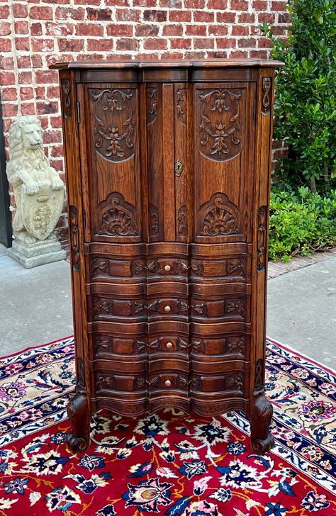 GORGEOUS and RARE Antique French Country Oak Cabinet with Double Doors Over Chest of 4 Drawers~~ c.1920s This is a SUPERB example of an antique classic French Country oak cabinet over chest of drawers~~serpentine carved front with four (4) drawers, paneled sides and back and canted corners~~one removable interior shelf in upper cabinet         Perfect statement piece that can accommodate any number of storage needs in today's home~~perfect for an entry or foyer piece~~use in a bedroom as a night Gothic Armoire, Slavic Furniture, French Antique Decor, French Country Architecture, French Cabinet, Antique Furniture Restoration, Upper Cabinet, Antique French Country, Oak Cabinet