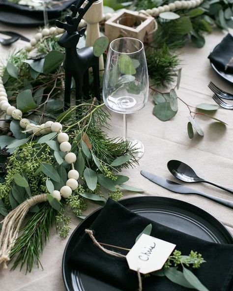 Eucalyptus Christmas Table, Scandinavian Tablescape, Whistler Christmas, Table Greenery, Christmas Dinner Decorations, Christmas Table Centrepiece, Black Tableware, Black Christmas Decorations, Whistler Canada