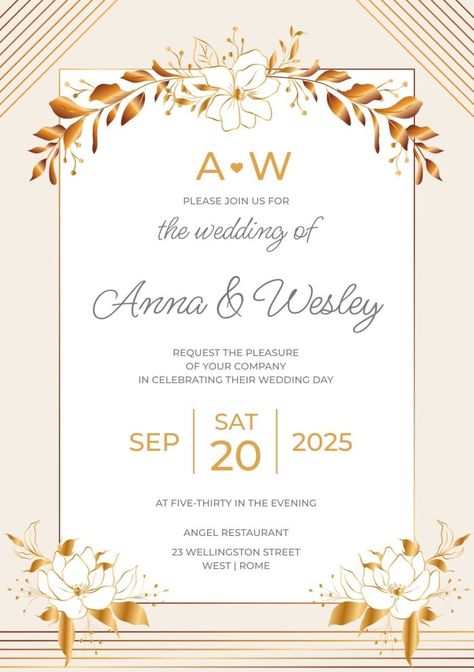 Elegant Floral Golden Wedding Invitation Menu Maker, Presentation Maker, Invitation Maker, Photo Collage Maker, Sticker Maker, Golden Wedding, Business Card Maker, Collage Maker, Elegant Floral