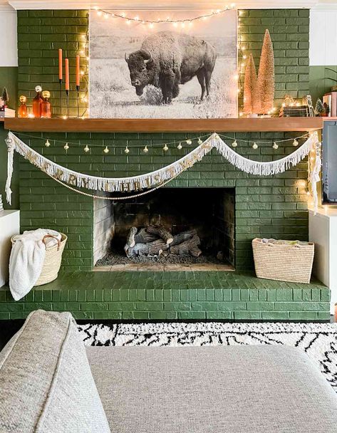 Maximalist Fireplace Mantle, Eclectic Mantle Decor, Colorful Mantle, Boho Fireplace Mantle Decor, Boho Mantle Decor, Boho Mantle, Boho Fireplace, Green Fireplace, Brick Fireplace Ideas