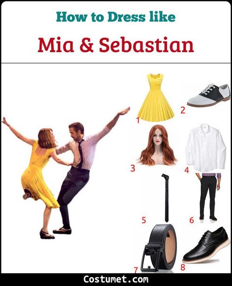 Mia & Sebastian (La La Land) Costume for Cosplay & Halloween 2021 Mia And Sebastian Halloween Costume, Mia And Sebastian Costume, La La Land Halloween Costume, La La Land Costumes, Outfits With Oxford Shoes, Mia And Sebastian, Sebastian Costume, Cute Yellow Dress, Cute Yellow Dresses